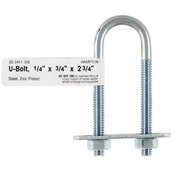 Hampton Round U-Bolt, 1/4", 3/4 in W, 2-3/4 in H, Zinc Plated Steel 02-3451-306 - main